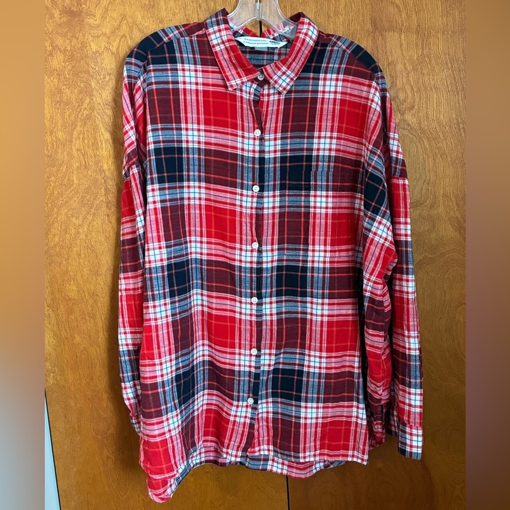 OLD NAVY Women’s Drop Shoulder Red, White, & Navy Plaid Button Down Top | XXL